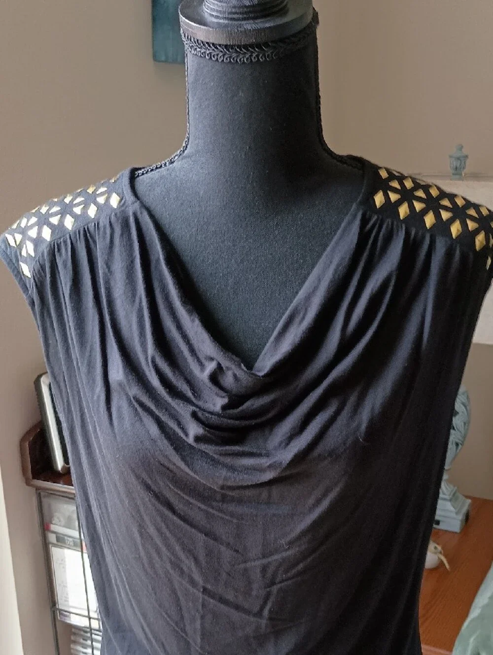 Chaus Black Cowl Neck Camisole with Gold Shoulder Cutouts - Picture 2 of 3